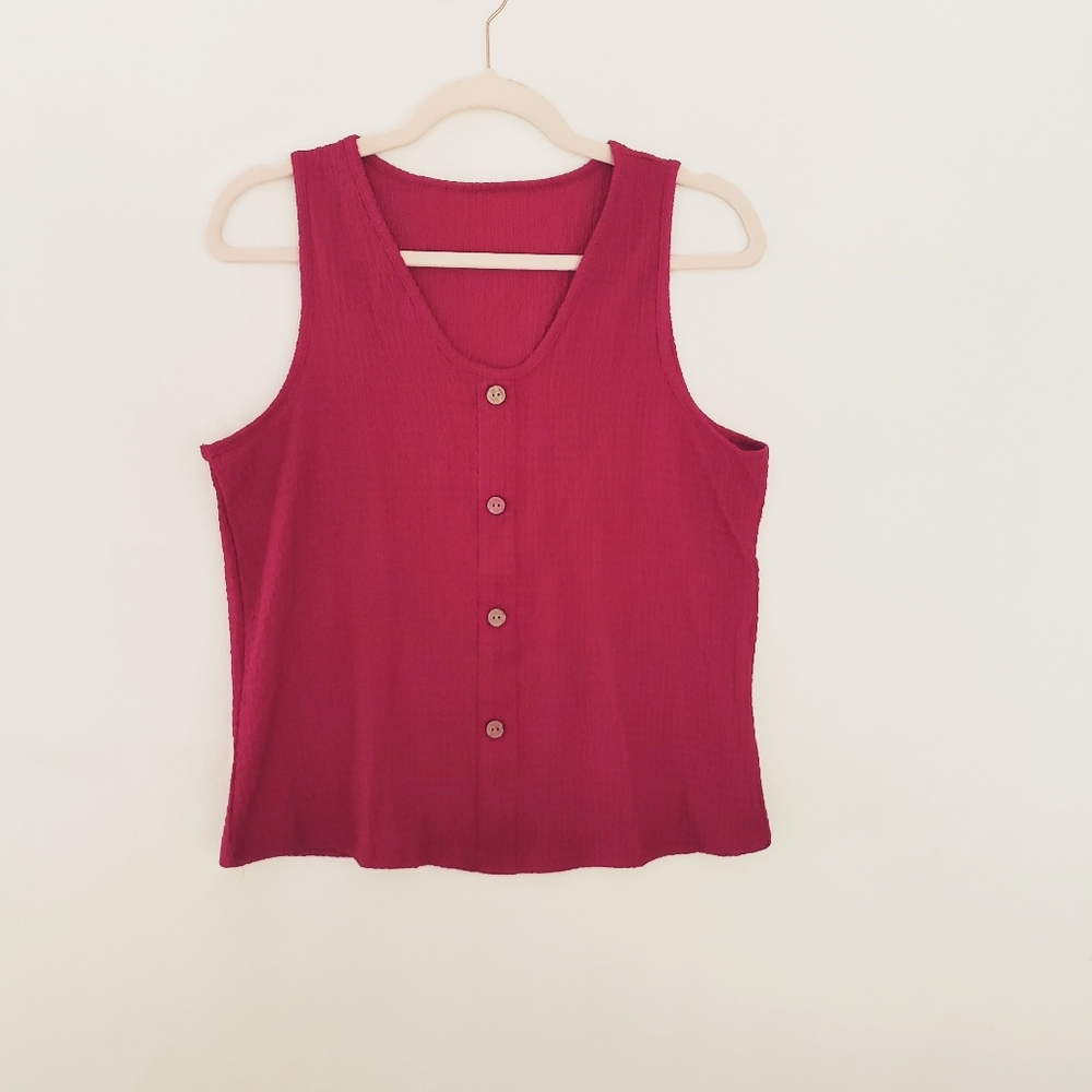 Lightweight Summer Raspberry Red V Neck Tank Top, Loose Fit, Sleeveless Blouse